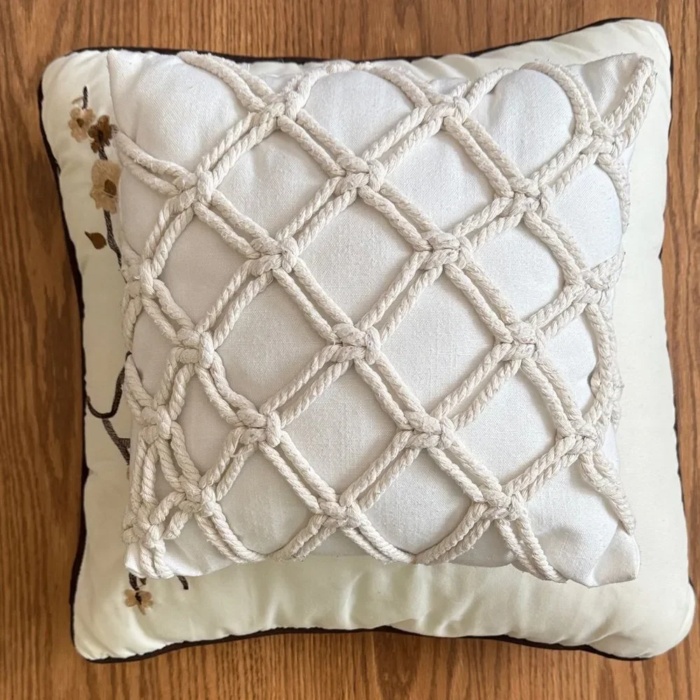 Decorative Cream embroidered flowers Pillow set with small Knotted Design pillow